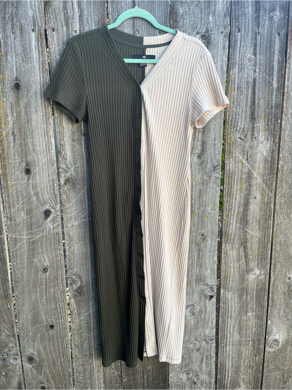 Andrew Marc Two-Tone Ribbed Button Cardigan — Olive & Cream